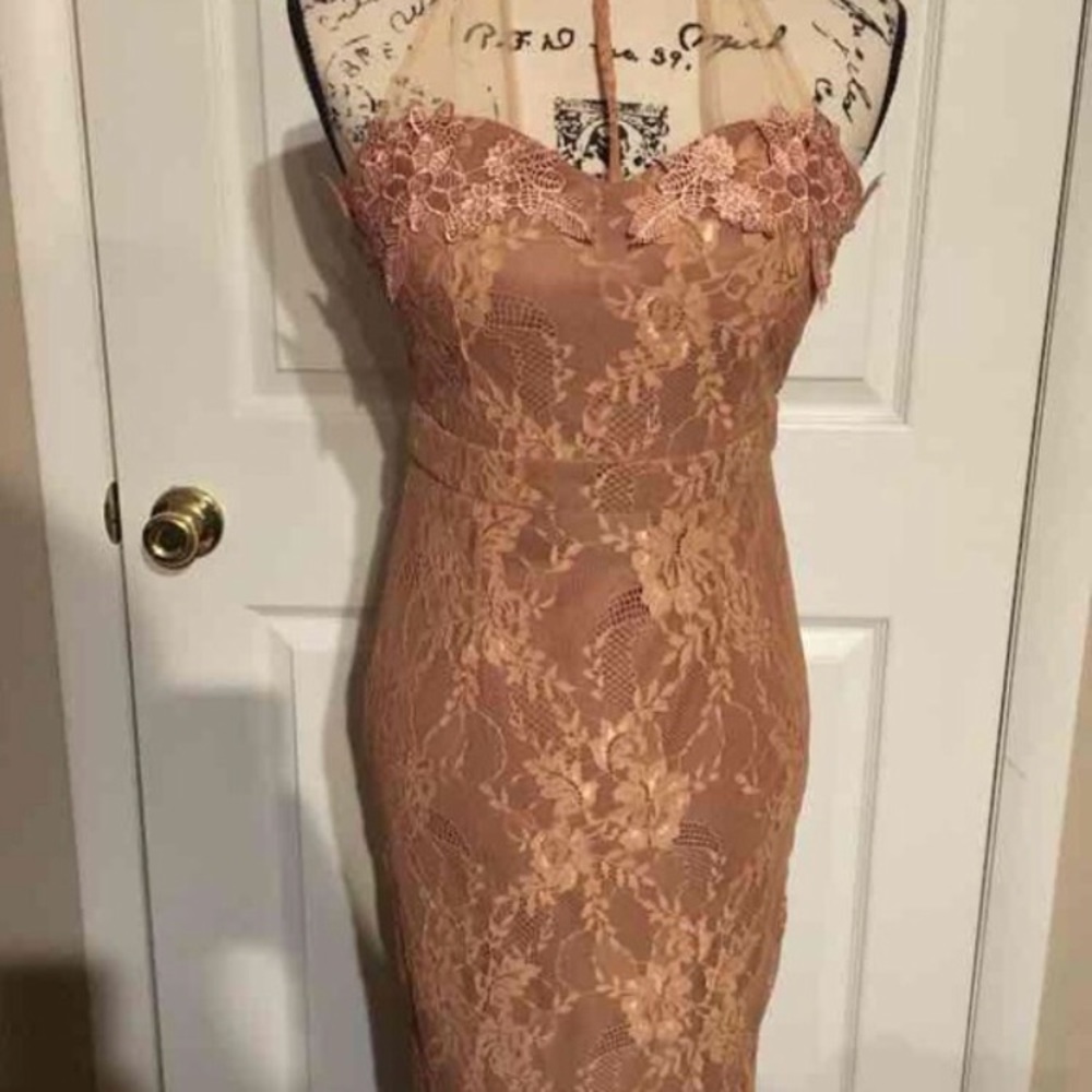 Tan dress with lace and choker neckline. NWT